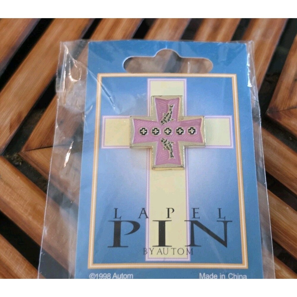 Vtg 1998 Autom Pink Cross Fish Lapel Pin Gold Tone Christian Religious NIP